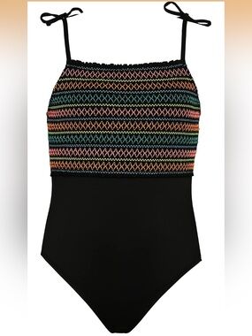 NWT Hobie Girls Black One-Piece Swimsuit with Multicolor Zigzags size 12